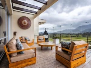 Bespoke five star luxury forest eco lodge overlooking mountain gorilla habitat ridges