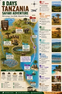 Country Sights Tours 8 Days Tanzania Safari Adventure and Zanzibar Island beach extension infographic itinerary map