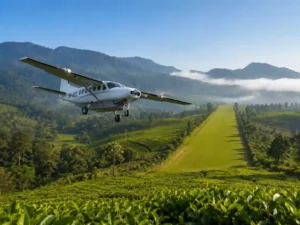 Premium domestic light aircraft charter passenger flight landing on a regional airstrip for a luxury fly in chimpanzee trekking uganda package