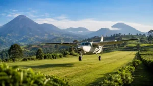 A domestic light aircraft passenger flight safely landing on a scenic green mountain bush runway for a premium fly-in gorilla trekking Uganda circuit