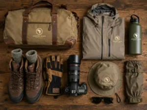 gorilla trekking uganda A professional flat lay layout of essential technical trekking gear including waterproof hiking boots tucked into safari socks and heavy gardening gloves