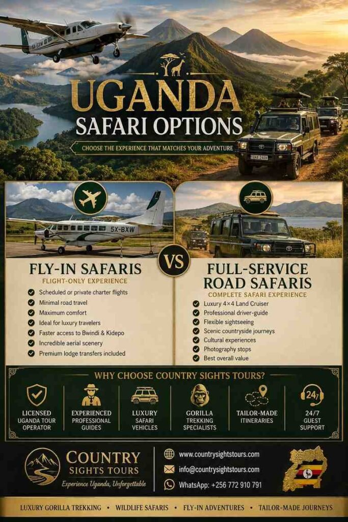Country Sights Tours infographic checklist comparing Fly-In Safaris with Full-Service Road Safaris in Uganda, detailing flight options, 4x4 land cruisers, and professional driver guides.